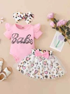 Kleinkind Baby 9-12 Monate 3 Stck. Rüschen Babe Einteiler, Leopard Rosa Netz Rock Stirnband - Bild 1 von 2
