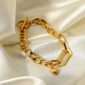 Bracciale Donna Placcato Oro 18K Cuore Spessore Curb Catena Cubana Toggle Antiappannamento - Foto 1 di 5