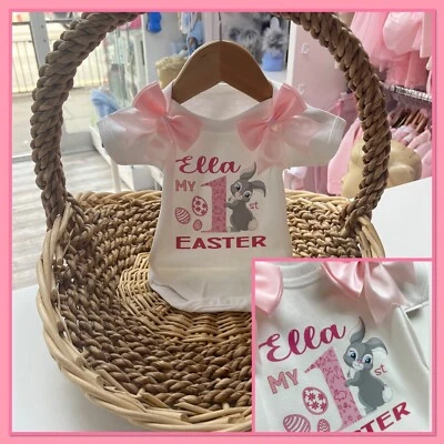 Personalised Baby Girls 1st Easter Vest Bib Romany Bows First Easter 2024 — 第 1/4 张图片