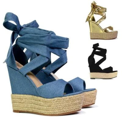 Sandalias de cuña con cordones para mujer señora tacón alto plataforma con tiras de punta de mimbre zapatos Foto 1 de 4
