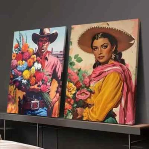 Pintura arte de pared lienzo sin marco vaqueros y vaqueras occidentales 2 piezas - Imagen 1 de 7