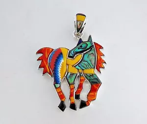 HANDGEFERTIGTER ANHÄNGER PFERD IN TÜRKIS/BUNT INTARSIEN IN .925 SILBER - Bild 1 von 3
