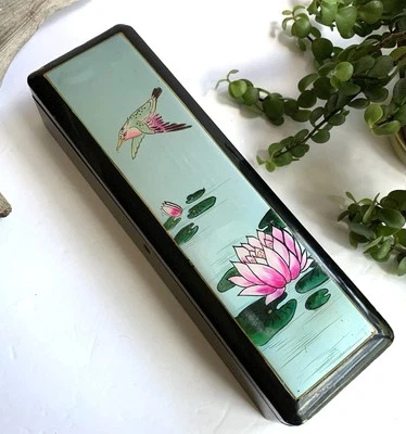 Vintage Japanese Black Lacquer Glove Box Handpainted Lotus Blossom Flying Bird - Image 1 of 4
