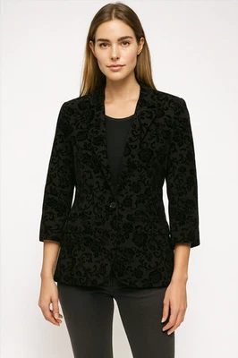 Blazer De Colección Vestido Granero Terciopelo Burnout 2X Negro Floral Jacquard Un Botón Noche Foto 1 de 4