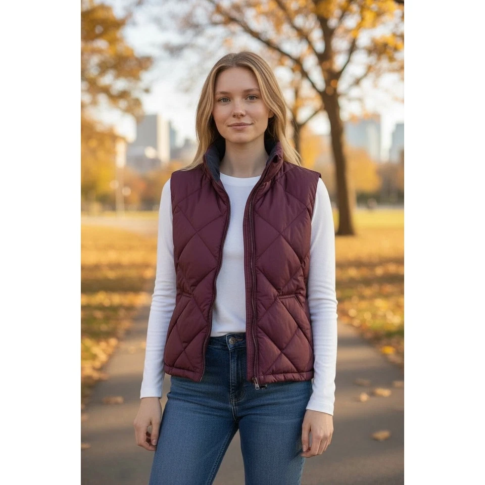 Cabelas Mujer Chaleco Puffer Borgoña Acolchado Plumón de Ganso Aislante Talla S Foto 1 de 4