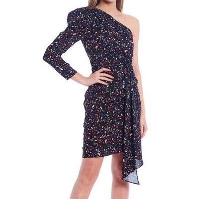 Aidan Mattox One Shoulder Side Swept Asymmetrical Dress Floral Print Puff Sleeve - Image 1 of 4