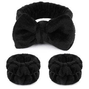 Makeup Headbands, 1Pcs Black Spa Headband Fluffy Bow Tie Headband Microfiber Fac - Picture 1 of 12