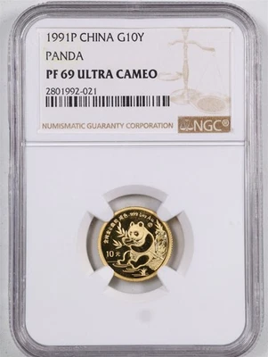 China 1991P G10Yn 1/10oz .999 Gold Panda PF69UCAM NGC 2801992-021 - Image 1 of 4