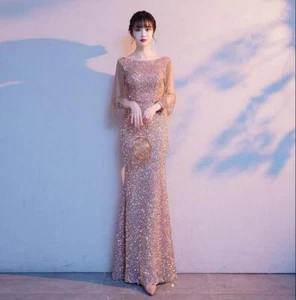 Womens Pretty Sequin Beaded Puff Sleeves Mermaid Evening Dress Cocktail Prom DID - Picture 1 of 7