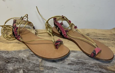 Stuart Weitzman Pink Snakeskin Gold Ankle Wrap Gladiator Sandals - Image 1 of 4