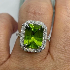 3Ct Emerald Cut Lab-Created Peridot Halo Engagement Ring 14K White Gold Plated - Picture 1 of 10