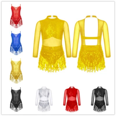 Kid Girls Shiny Sequins Mesh Latin Jazz Dance Dress Carnival Performance Costume - Image 1 of 4