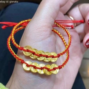 1pcs Pure 999 24K Yellow Gold Five King Coin Beaded Bracelet Women Men Bangle - Picture 1 of 6