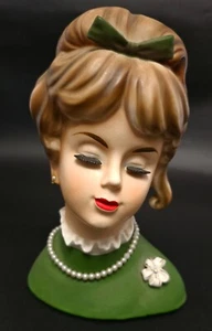 Vintage Napco Lady Head Vase w/Green Hat, Green Dress, Necklace C6986 9.5" Large - Picture 1 of 8