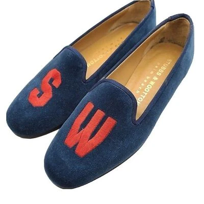 Stubbs & Wootton women navy Velvet Slipper Loafers Shoe SW  embroidered sz 6 new - Image 1 of 4