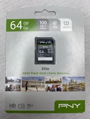 NEW PNY Elite SD SDHC SDXC 64GB Flash Memory UHS-I 4K DSLR Cameras HD Camcorders - Image 1 of 2