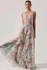 Jardin Vue Maxi Dress Size S Mint Green Pink Floral Ruffle Formal Cocktail Event - Foto 1 di 21