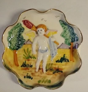 Cherub Angel Scalloped Gold Trim Trinket Tray Bowl Hand Painted Italy READ - Picture 1 of 6