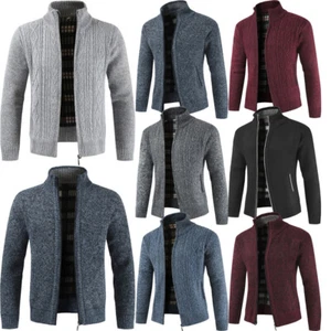 Mens Fleece Lined Cardigan Winter Knitted Warm Jacket Zip Up Thick Knitwear UK - Picture 1 of 23