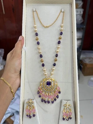 Colar longo de pérola roxa Kundan joia indiana noiva paquistanesa CZ pedra rosa - Imagem 1 de 3