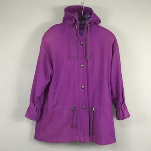 Hooded Wool Coat Womens Medium Purple Snap Front Drawstring Parka Made in USA - Picture 1 of 11