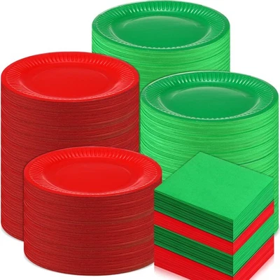 Juego de platos y servilletas de Navidad rojo verde suministros de fiesta de Navidad desechables... Foto 1 de 4