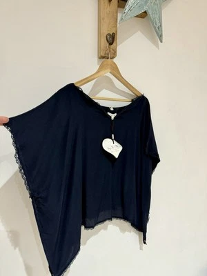 £125 NWT Timo Norway Anthropologie 100% Silk China Blue Lace Trim Tunic Top XL - Image 1 of 4