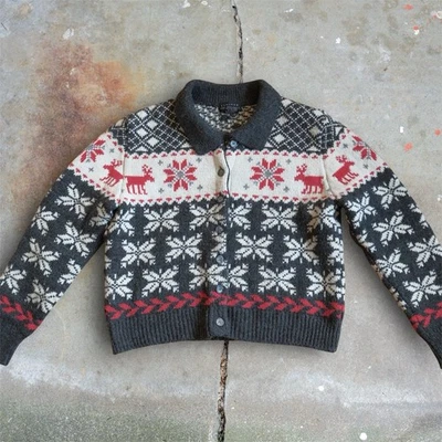 复古 90 年代限量 Fair Isle 北欧羊毛混纺开衫 XS 码红色灰色意大利 — 第 1/4 张图片