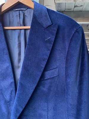 Men's Recent Canali Italy for Saks Blue Cotton Velvet Dinner Jacket 56 46R - Image 1 of 4