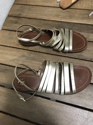 Tory Burch Patos 平底绑带凉鞋踝带金色皮鞋 10.5 — 第 1/4 张图片