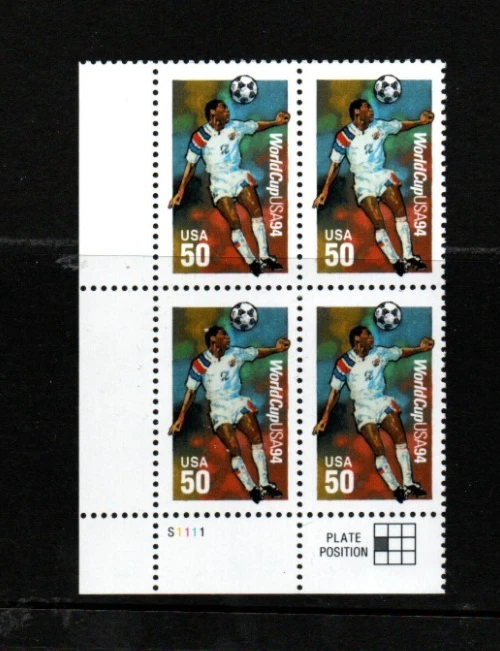 US Stamps # 2836  50 cent '94 World Cup Plate block of 4  stamps - Image 1 of 1