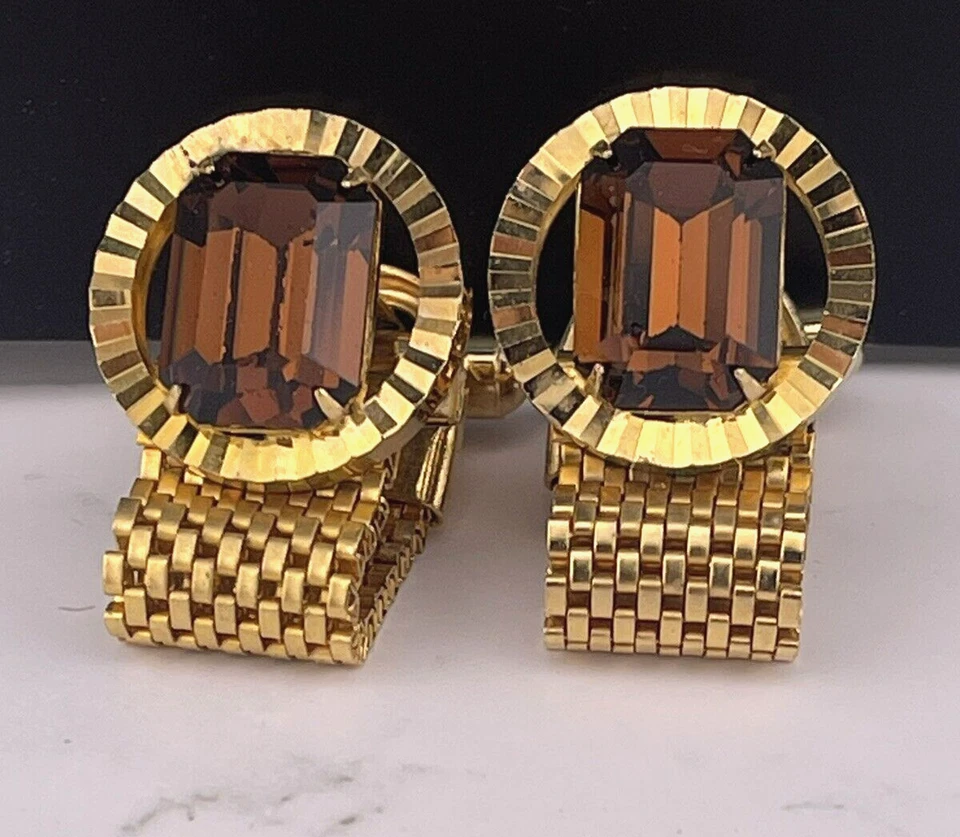 Vintage Brown Topaz Rhinestone Mesh Wrap Cufflink Mens Gold Tone - Image 1 of 4