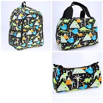 Boy's BACKPACK LUNCH BAG PENCIL CASE 3 Piece Set Dinosaur Theme Black Green NWT - Image 1 of 4