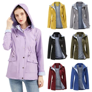 Womens Waterproof Jacket Ladies Raincoat Detachable Hood Windbreaker with Pocket - Picture 1 of 38