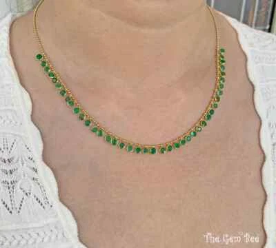 14K Yellow Gold 12ct Round Bezel  Emerald Drop Dangle Charm Bead Chain Necklace - Image 1 of 4