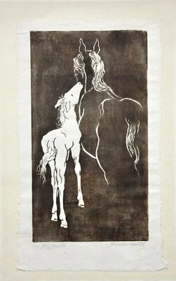 Ingeborg Fraudt, sign. Holzschnitt auf Japanpapier, Pferde, Stute mit Fohlen - Bild 1 von 4