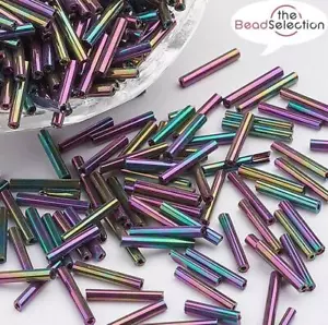 50g BUGLE BEADS METALLIC AB RAINBOW GLASS 12mm - Picture 1 of 4
