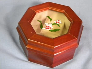Octagon Wood Jewelry Box Floral Glass Top 3 Compartments Ring Slots Velvet Lined - Picture 1 of 4