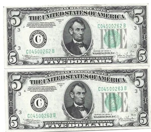 PAIR OF CONSECUTIVE CHOICE CU 1934C $5 FRNS - Picture 1 of 4