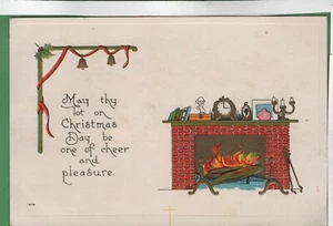 Vintage Embossed Christmas Postcard Christmas Day Cheer Fireplace - Picture 1 of 4
