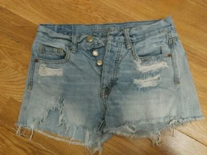American Eagle Distressed Destroyed Button Fly Light Blue Denim Shorts Size 00 - Picture 1 of 10
