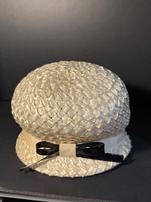 Sombrero de Paja Burbuja Negro Blanco y Negro Banda Vincent De Koven Original Años 60 Mod Foto 1 de 4