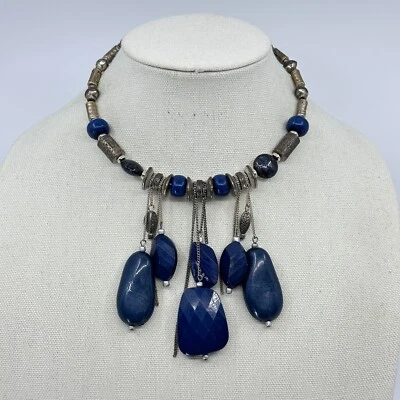 Womens Collar Necklace Beaded Fringe Blue Acrylic Silver Tone Estate Costume - Image 1 of 4