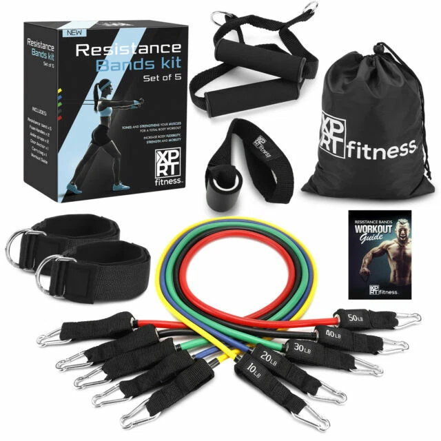 XPRT Fitness Resistance Tube Workout Bands Set -Fitness Strength Training - 11 Pieces