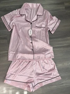 Women Pajama Set Pink Shorts And Shirt Polyester - Picture 1 of 6