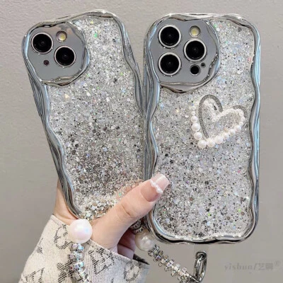 Case For iPhone 15 Pro Max 14 13 12 11 XR XS Glitter Pearl Lanyard Phone Cover - Image 1 of 4
