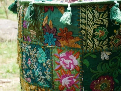 Green Patchwork Cotton Pouffe Cover Ethnic Home Decor Handmade Footstool Cover - Image 1 of 4