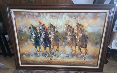 "Pintura al óleo hasta el final por C. LAWRIE Polo de carreras de caballos enmarcado 42"" x 30"" Polo" Foto 1 de 4