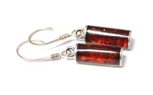 925 Sterling Silver Baltic Amber Cylinder Drop Dangle Earrings Signed SP - Picture 1 of 8