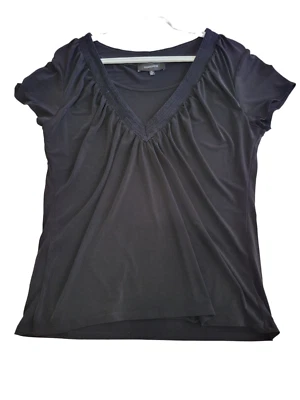 Jones Wear Pull Over Top Womens XL Solid Black Short Sleeve Pleated Neck Stretch - Image 1 of 4